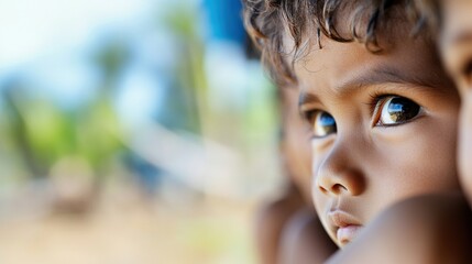 Close up portrait of a childs face with expressive features and bright eyes
