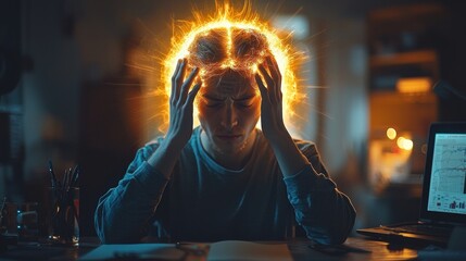 Fototapeta premium Frustration and Stress of a Young Man Working Late at Home
