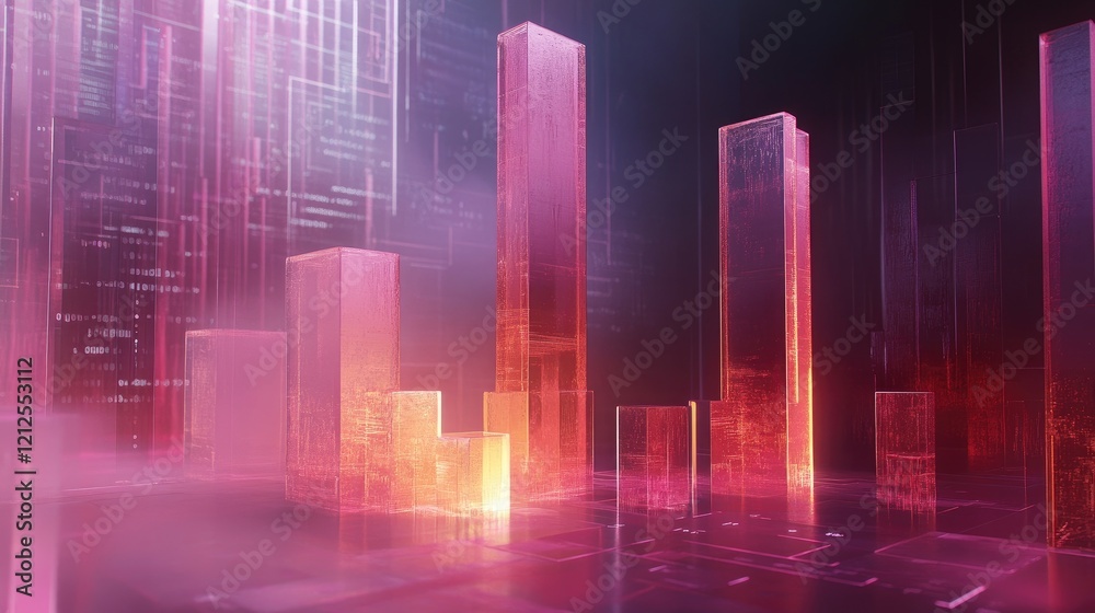 Poster an abstract d bar chart with transparent bars of varying heights, floating in a digital space filled
