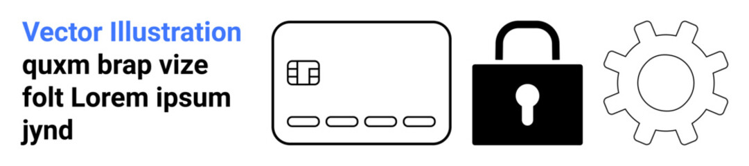 Credit card, padlock, and gear icon. Ideal for finance, security, online transactions, cybersecurity, account settings digital protection web development. Landing page