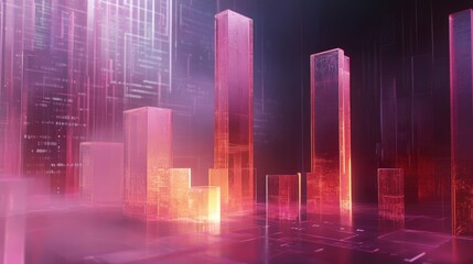 An abstract D bar chart with transparent bars of varying heights, floating in a digital space filled with numbers and graphs, illustrating data analysis.
