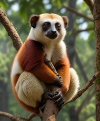 Fototapeta premium A coquerel sifaka surveys its surroundings from a sturdy branch, wildlife, green, branch