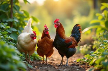 Fototapeta premium Three colorful farm chickens, including a rooster, hen, and white chicken, standing in a sunlit garden surrounded by lush green plants, emphasizing rural farm life