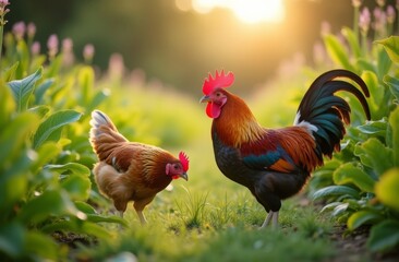 Fototapeta premium Colorful rooster and hen in a sunlit garden surrounded by green vegetation, highlighting natural farm life and rural simplicity