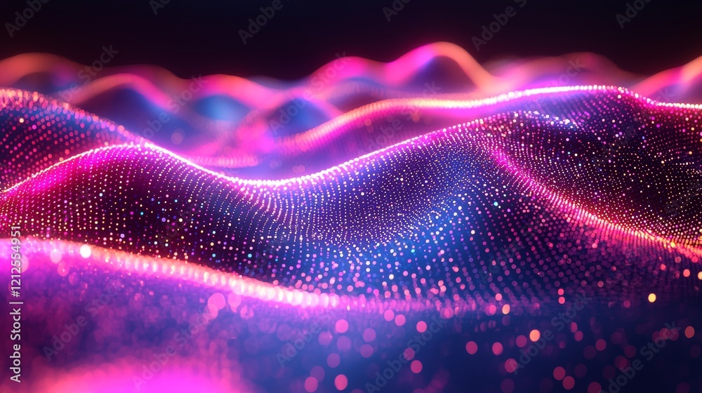 Poster a wave of particles set against an abstract blue technology background, symbolizing science, big dat