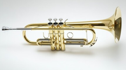 Obraz premium Horizontal shiny trumpet, isolated on a pure white background, with light reflecting off its polished brass tubing and elegant bell.