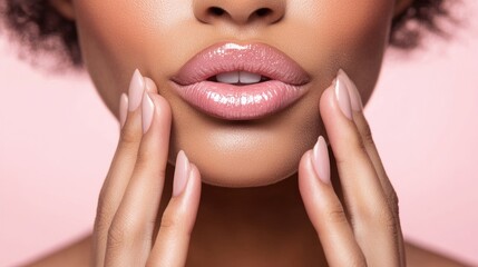 Fototapeta premium Minimalist closeup of hands holding whitening equipment near a woman's lips, fresh and clean setup.