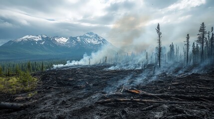 Deforestation Landscape with Logs and Smoke