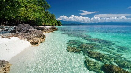 Fototapeta premium Idyllic tropical beach with white sand, turquoise water, and lush greenery.
