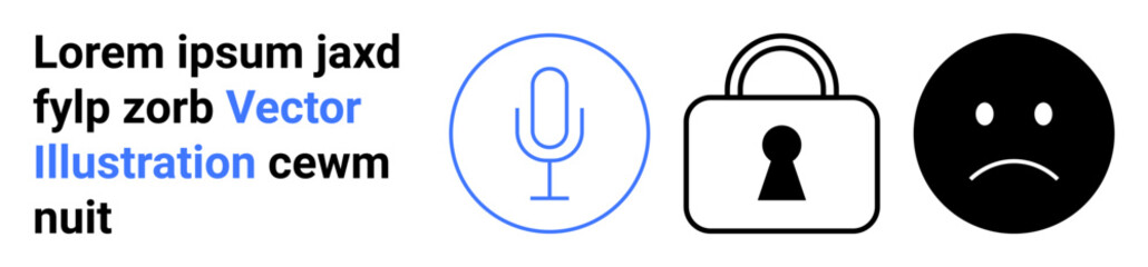 Fototapeta premium Text block alongside three icons microphone in blue circle, padlock symbol, and sad face. Ideal for web design, user interface, communication, security, privacy, emotional expression technology
