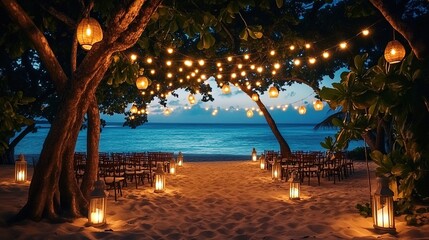 A beach wedding ceremony decor with lanterns and fairy lights strung between trees, chairs arranged in an archway on the sand facing out to sea at night.