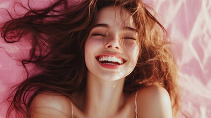 Studio shot of a woman using homemade teeth-whitening equipment, gentle pastel tones in background.