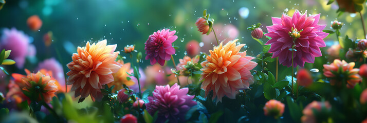 Colorful Dahlia blooms with rain drops