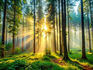 Fototapeta premium Misty fog cloaks ancient trees in a serene forest, nature's ethereal beauty captured.