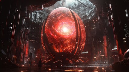 Reactor vessels crack open like eggs, revealing swirling galaxies, control systems channel alien signals through the cracking units.