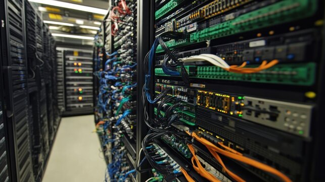 Data center server room with network equipment and cables.