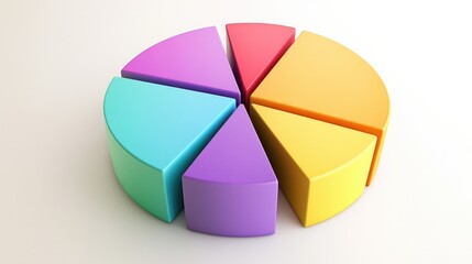 Fototapeta premium A D pie chart in vibrant colors with thick slices, some sections pulled apart for emphasis, placed on a light background with soft shadows for contrast.