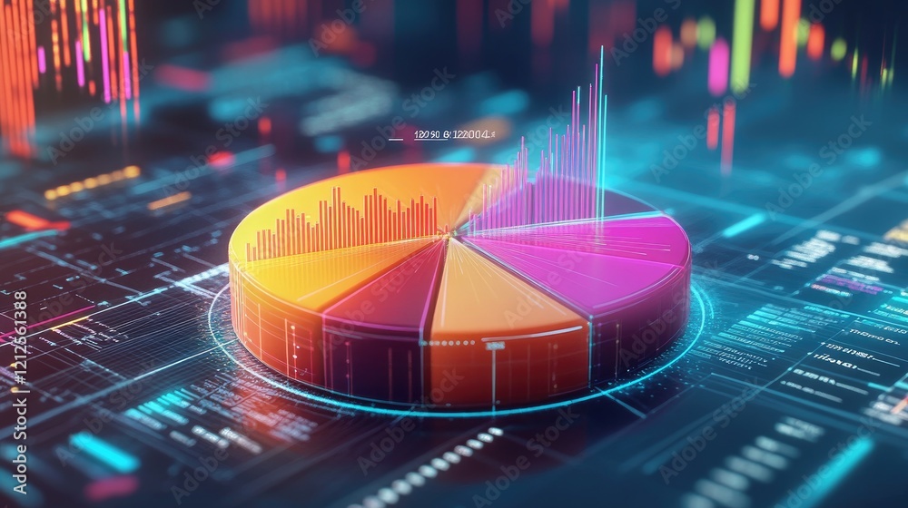 Poster a d pie chart with segmented sections showing different financial data points, hovering in a virtual