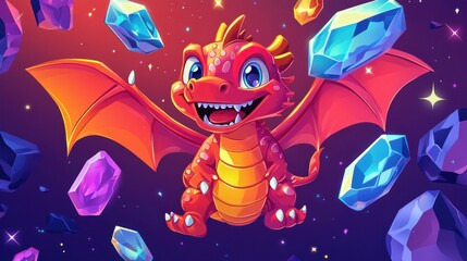 Friendly red dragon flying among floating crystal gems in a magical setting