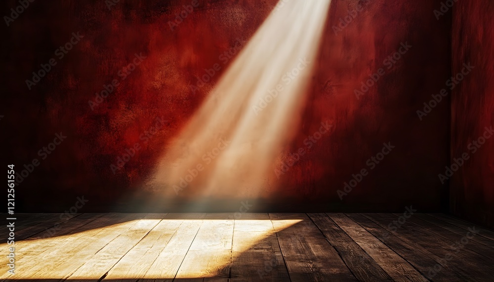 Poster soft light illuminating rustic room with rich red walls and wooden floor creating a warm and invitin