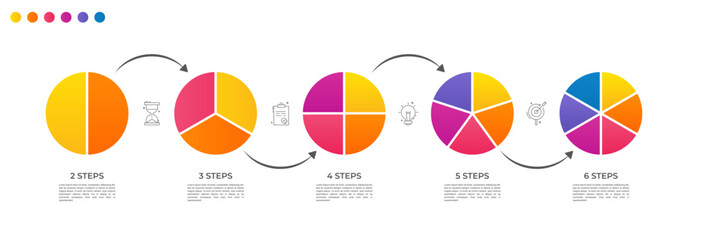 Circle division vector infographics icon set from 2 to 6 with arrows. Different color circles chart divided 2, 3, 4, 5, 6 equal parts. Business round diagram with same size sectors, fraction.