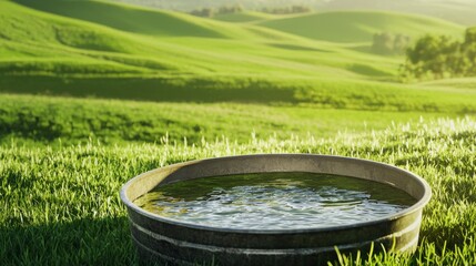 Fototapeta premium Serene Landscape with Stock Tank and Reflections in Still Water Surrounded by Lush Green Hills and Meadows