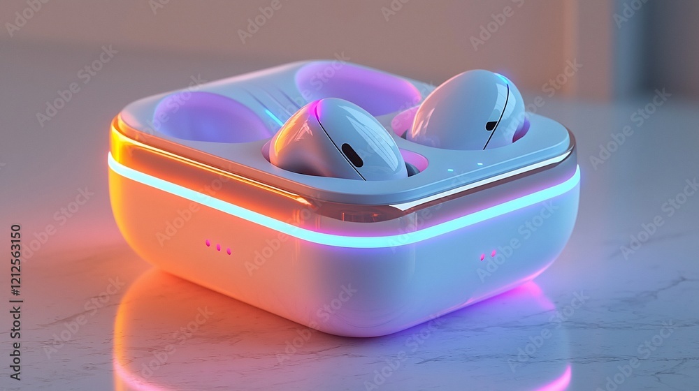 Poster wireless earbuds charging in illuminated case.