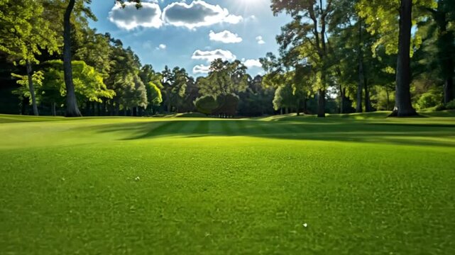 Empty green lawn surrounded by trees on a sunny day, providing a peaceful environment and representing open spaces for relaxation and recreation.