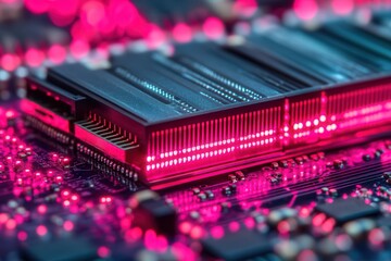 Quantum Computing: The future of cybersecurity . Close-up of a circuit board with glowing pink components.