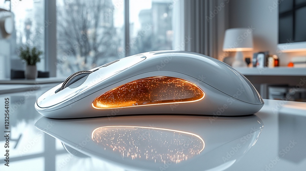 Poster futuristic white computer mouse with illuminated interior on a desk.