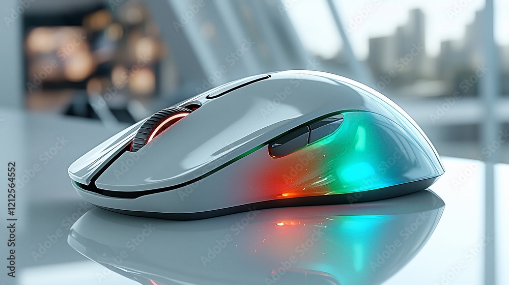 Aufkleber Modern wireless computer mouse with RGB lighting on a reflective surface.