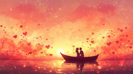 Naklejka premium Valentine Hearts concept. Romantic Couple Sunset Boat Ride Heart Sky.