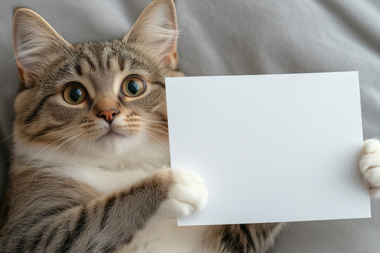 Cute cat with blank sheet of paper on bed, closeup