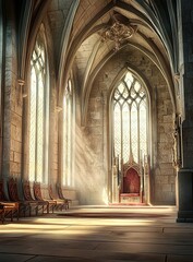 Obraz premium A grand hall with high arched ceilings, adorned in medieval architecture and surrounded by towering stone walls.