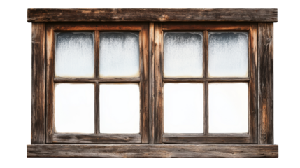 Weathered wooden window frame, rustic design, frosted glass panes, vintage architecture, historic building, old window , isolated on transparent background