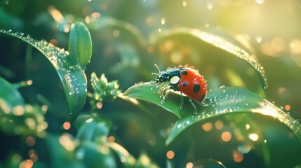 A close-up of a ladybug resting on a dewy green leaf, its red shell contrasting with the vibrant foliage as sunlight filters through the scene.
