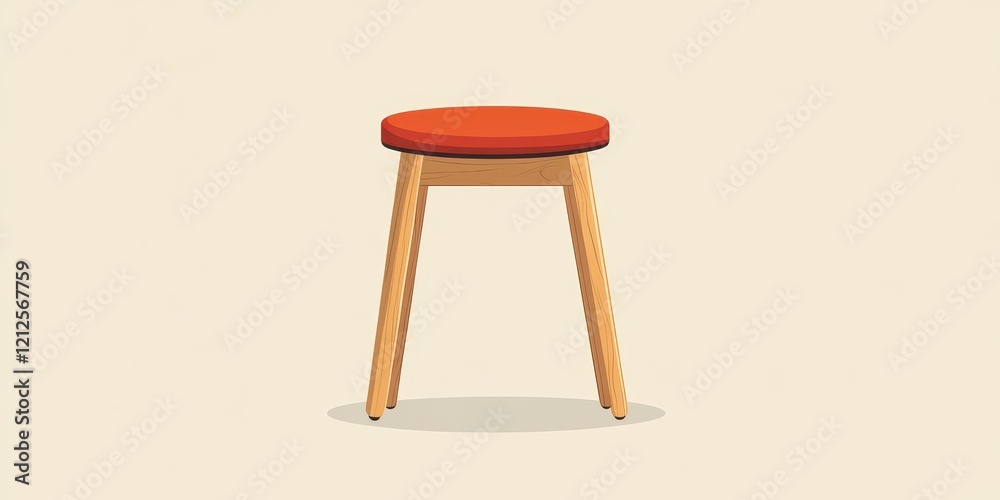 Wall mural Simple and Modern Wooden Stool with a Vibrant Red Seat Cushion in Minimalist Design, Featuring Three Legs and Casting Soft Shadow on Neutral Background