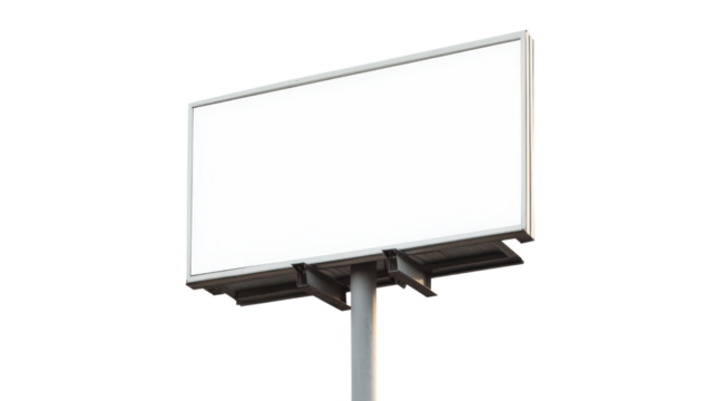 White blank billboard on a tall metal pole for marketing, isolated on transparent background