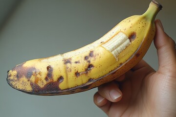 A person grasping a banana with one hand