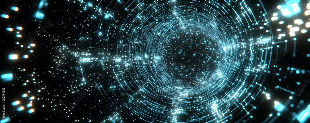 Poster abstract technology circle with a blue wave. flowing particles. visualization of big data transfer. 