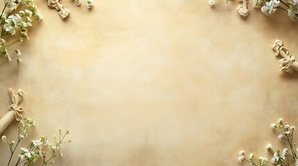 Delicate white flowers and ornate scrollwork frame a beige background