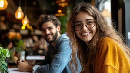 Fototapeta premium Happy Young Woman with Long Brown Hair Smiles in a Coffee Shop Man Blurred in Background