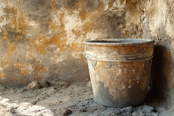 Fototapeta premium A plastic bucket sitting on the ground next to a wall, ready for use