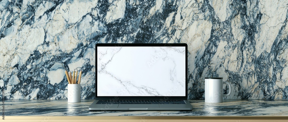 Poster a laptop computer displaying a blank screen mockup on a table, with copy space and a blurred backgro