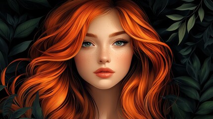 Obraz premium Close-up Portrait of a Woman with Vibrant Red Hair and Freckles Surrounded by Lush Green Foliage, Capturing Intricate Details and Expressions with Soft Lighting