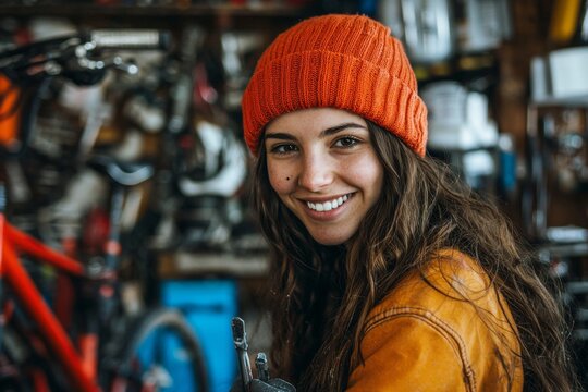 A cheerful young woman mechanic enjoys her work as she fixes bicycles in a workshop.