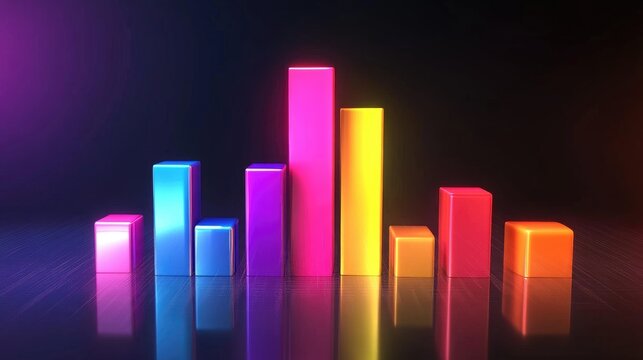 A colorful D bar chart with glowing bars in various heights, floating in a futuristic digital environment, representing business growth and data analysis.