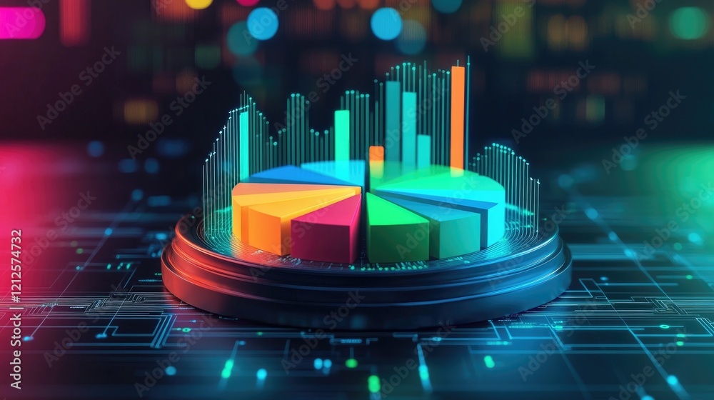 Poster a colorful d pie chart with each segment floating slightly above a digital platform, representing da