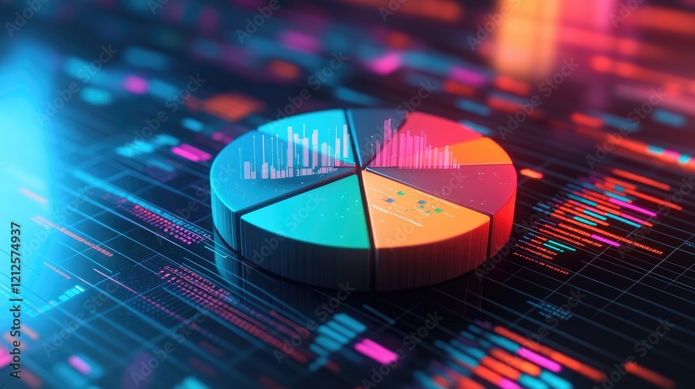 Poster a colorful d pie chart with each segment floating slightly above a digital platform, representing da