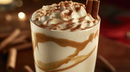 A close-up shot of a drink with whipped cream and cinnamon on top